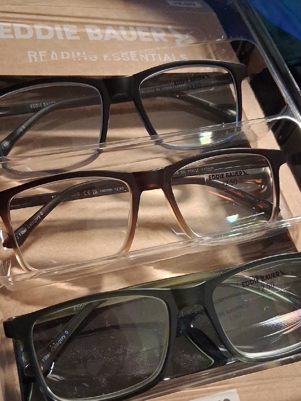 Eddie Bauer Three-Pack Reading Glasses +2.50 in Brown & Taupe & Frosted Grey Nib - Picture 3 of 11